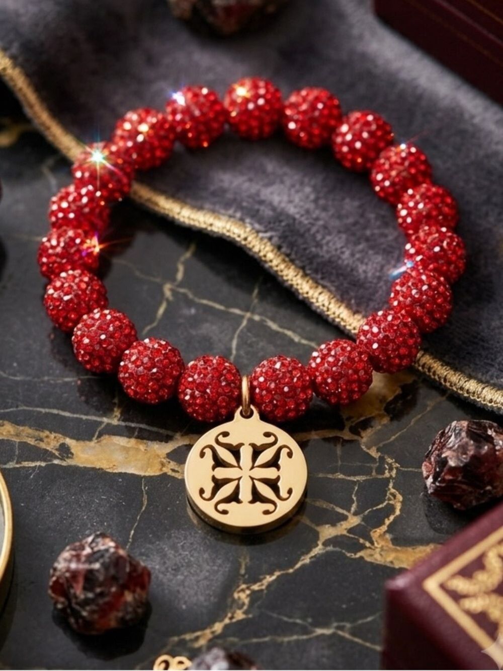 Rustic Cuff red Shamballa beaded stretch bracelet with a logo charm 2542
